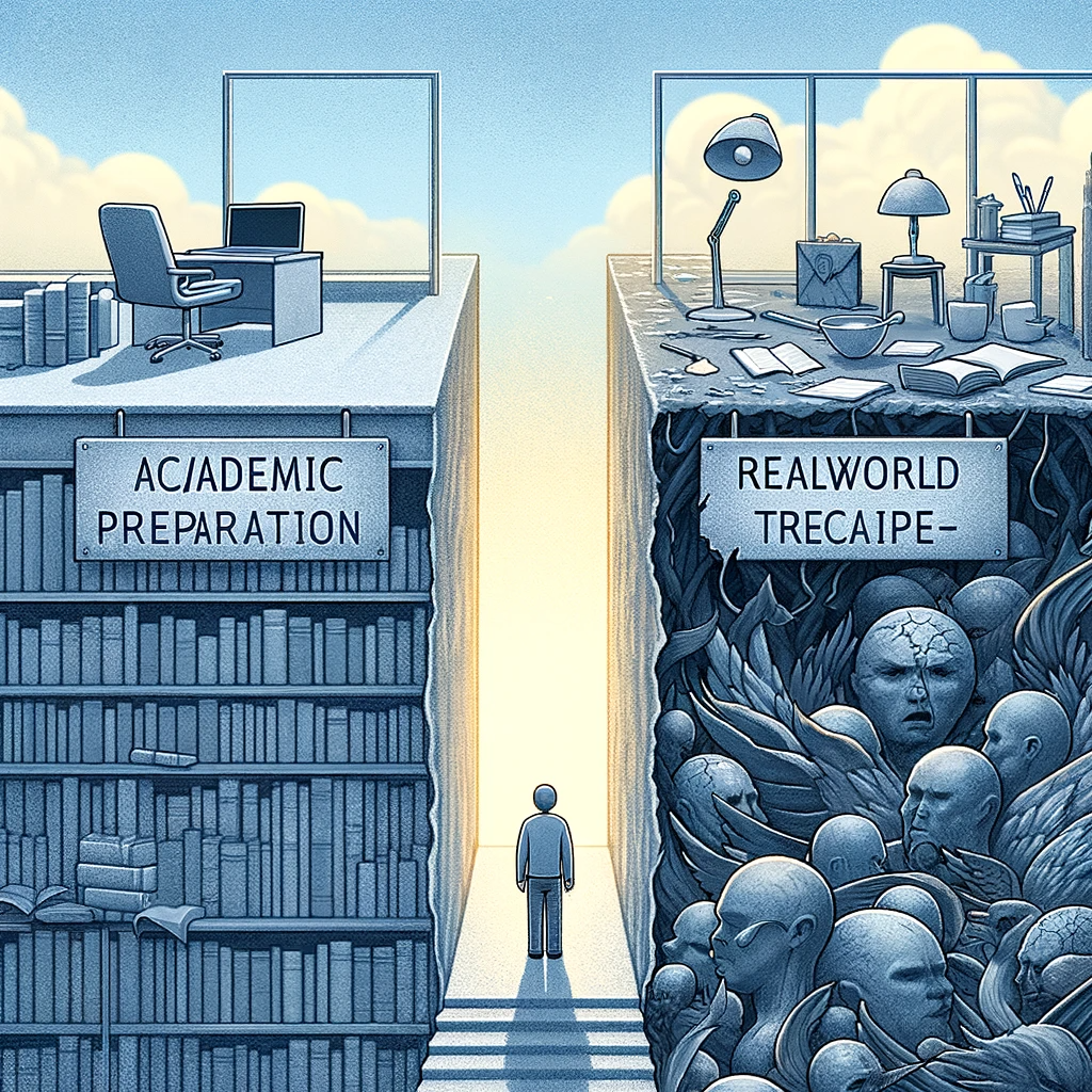 simply symbolize the gap between academic preparation and the real-world challenges faced by new therapists in private practice, depicting a figure standing between two contrasting worlds