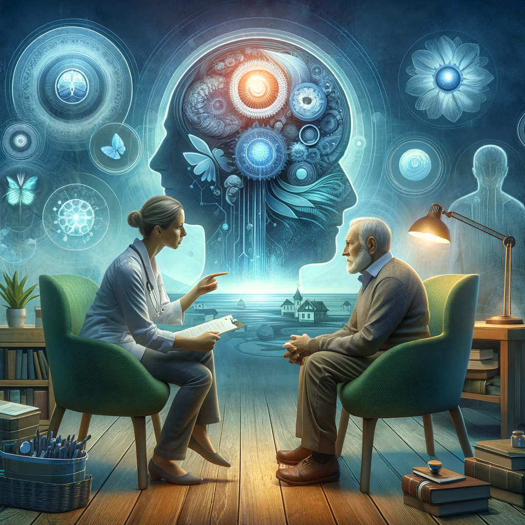 The image has been created to symbolize the balance of professional knowledge and empathetic understanding in counseling older adults with cognitive impairments, depicting a counselor and an older adult in a patient-led interaction.